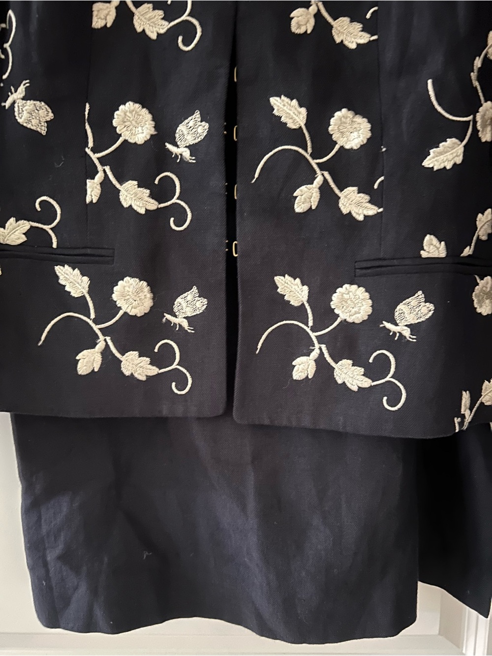 Embroidered Floral navy Jacket and skirt with Cream Accents on jacket great suit